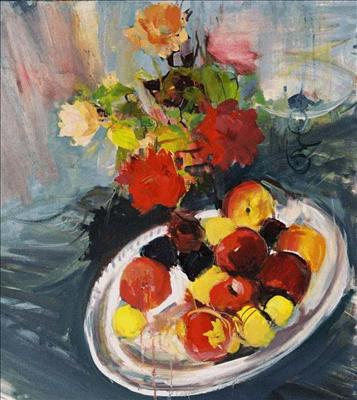 apples on platter with roses